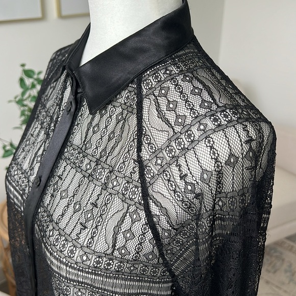 New Jason Wu Black Lace Satin Trim Raglan Sleeve Button Down Overshirt Blouse - Picture 7 of 16
